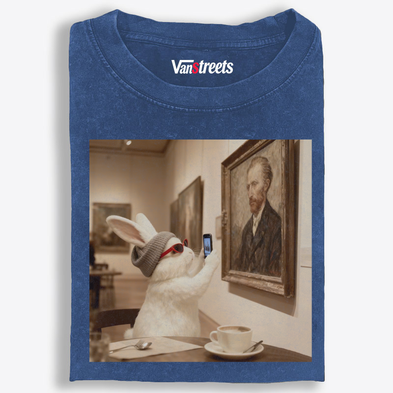 Art Bunny Taking Selfie With Van Gogh Meme Retro Washed T-Shirt | 100% Cotton | Streetwear Essential
