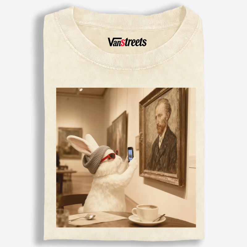 Art Bunny Taking Selfie With Van Gogh Meme Retro Washed T-Shirt | 100% Cotton | Streetwear Essential