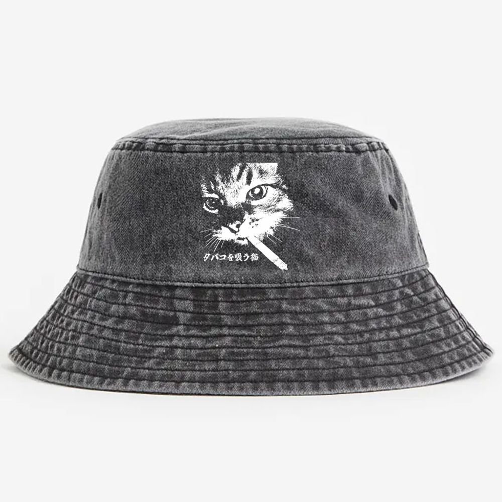 Rebel Smoker Cat Rebel Smoker CatRetro Vintage Washed Bucket Hat