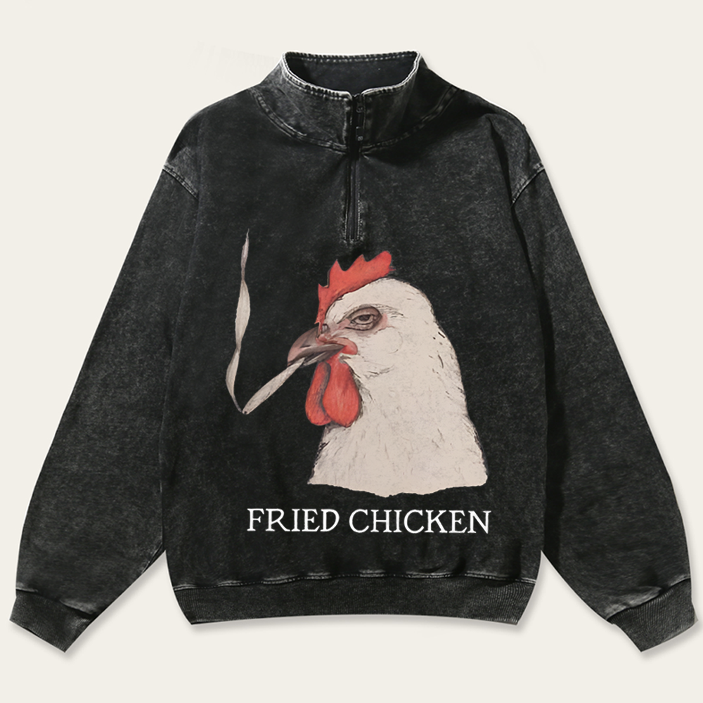 Fried Chicken Last Cigarette Retro Washed Zip-Up Mock Neck Sweatshirt