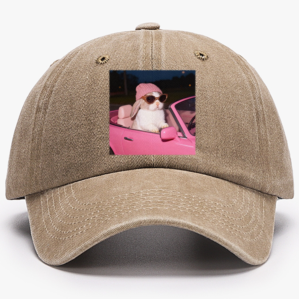 Pink Sports Car Cool Rabbit Retro Washed Baseball Cap