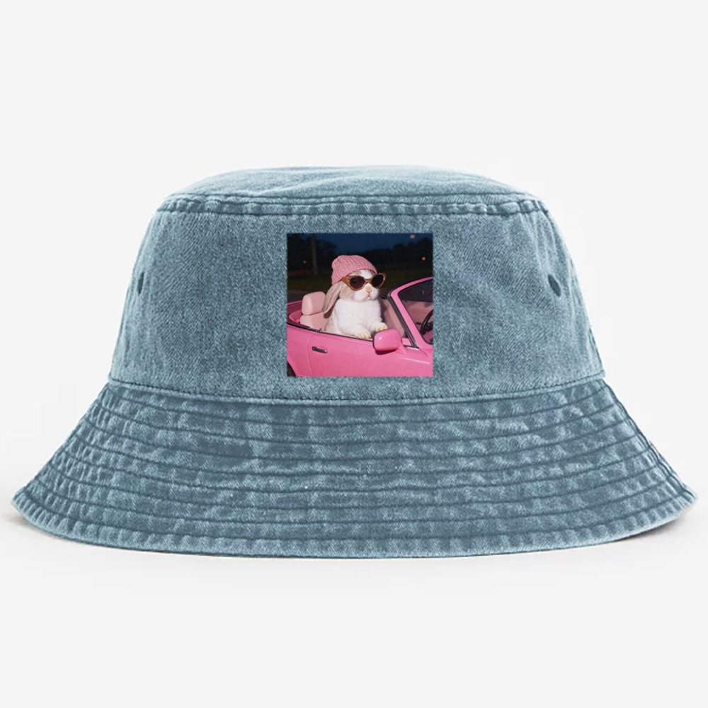 Pink Sports Car Cool Rabbit Retro Vintage Washed Bucket Hat
