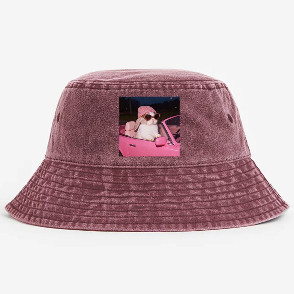 Pink Sports Car Cool Rabbit Retro Vintage Washed Bucket Hat