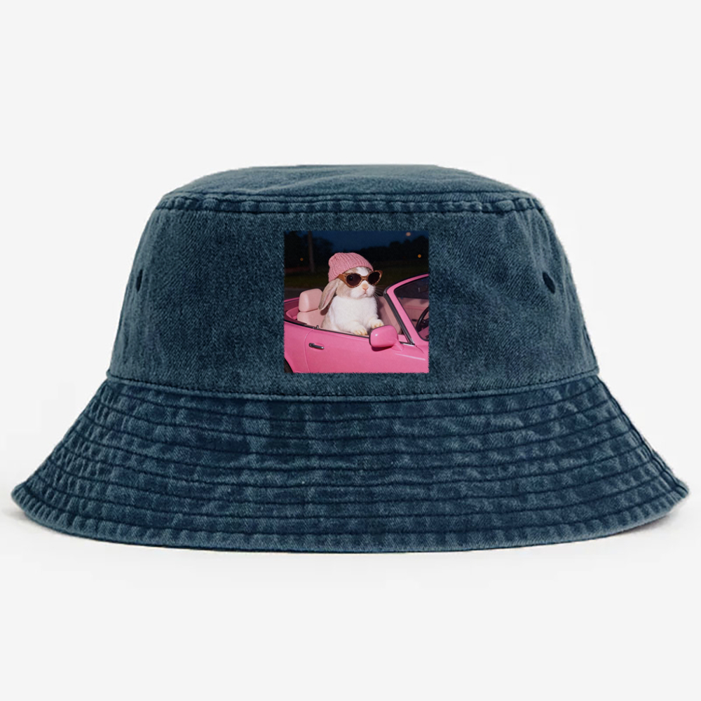 Pink Sports Car Cool Rabbit Retro Vintage Washed Bucket Hat