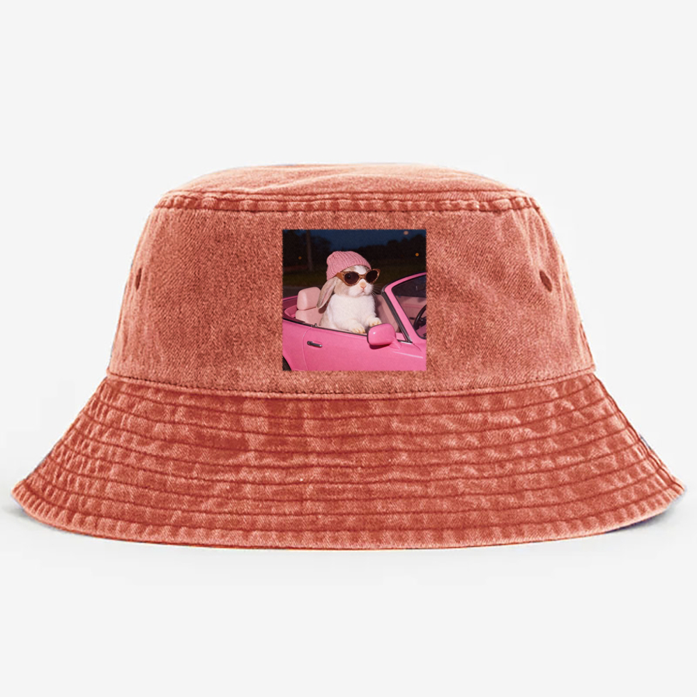 Pink Sports Car Cool Rabbit Retro Vintage Washed Bucket Hat