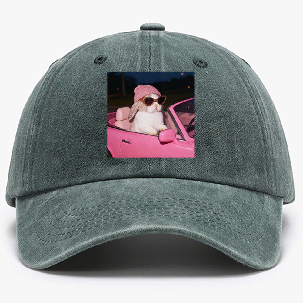 Pink Sports Car Cool Rabbit Retro Washed Baseball Cap