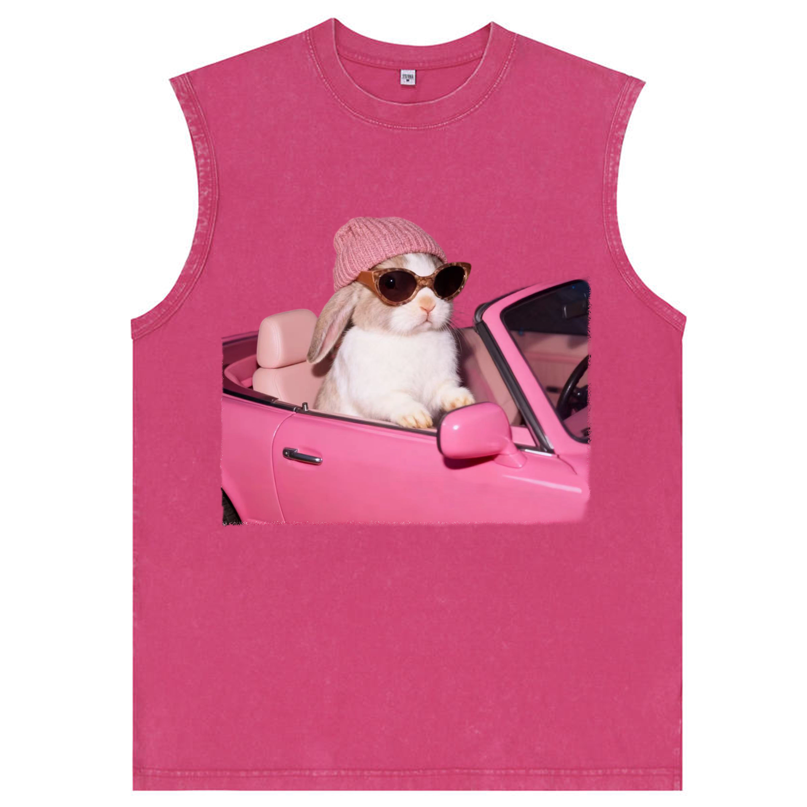 Pink Sports Car Cool Rabbit Retro Washed Tank Top