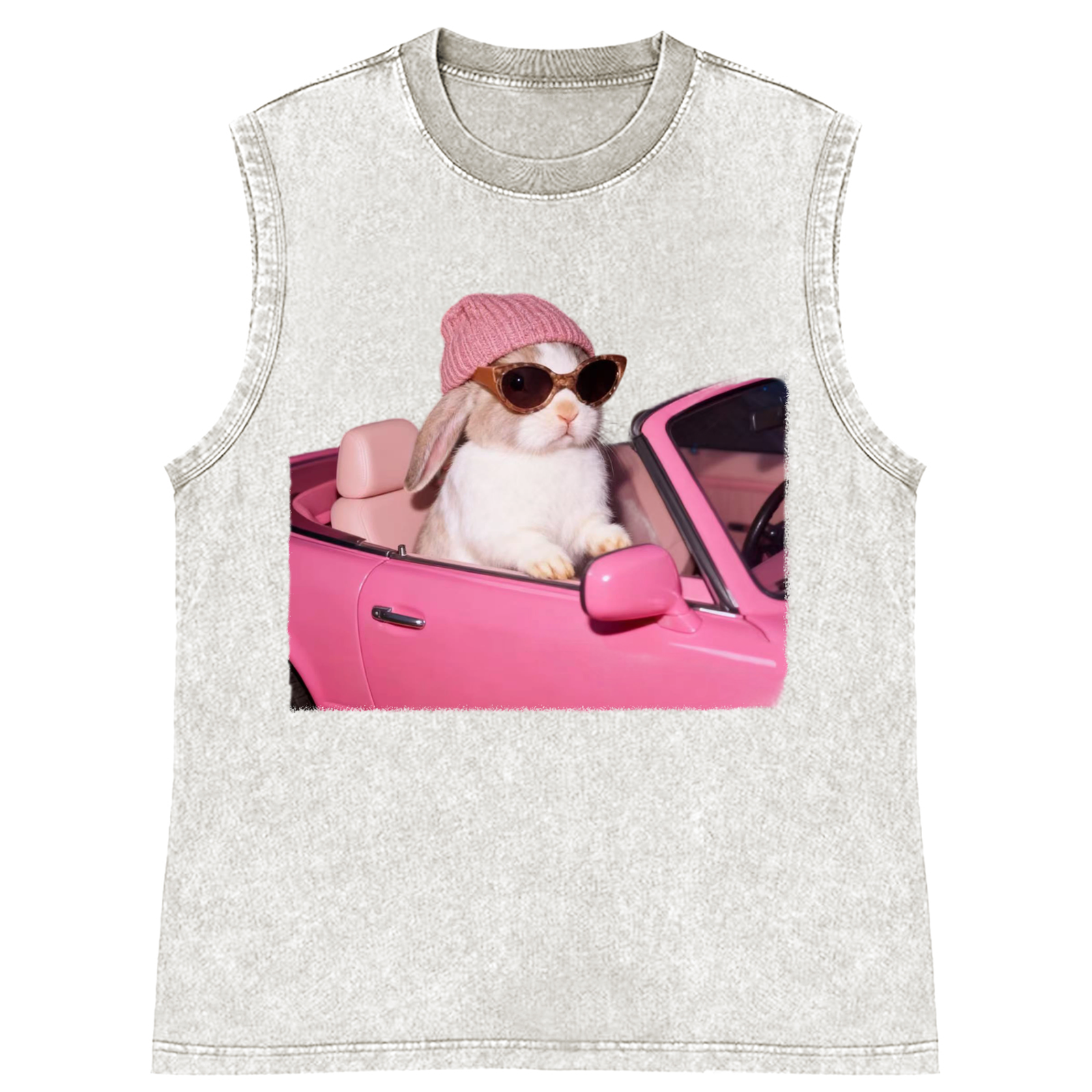 Pink Sports Car Cool Rabbit Retro Washed Tank Top