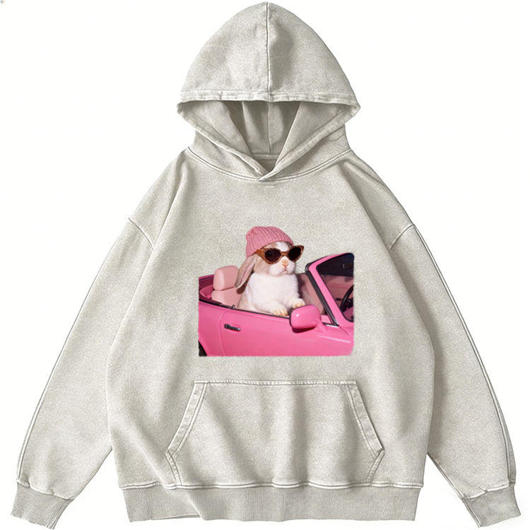 Pink Sports Car Cool Rabbit Retro Washed Hoodie