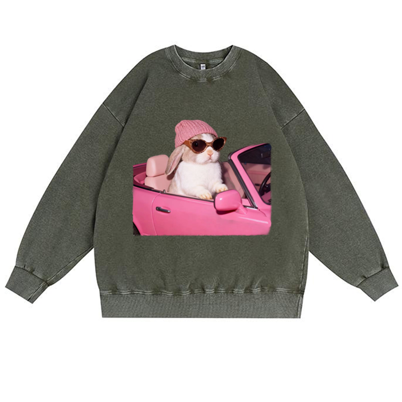Pink Sports Car Cool Rabbit Retro Premium Washed Cotton Crewneck Sweatshirt