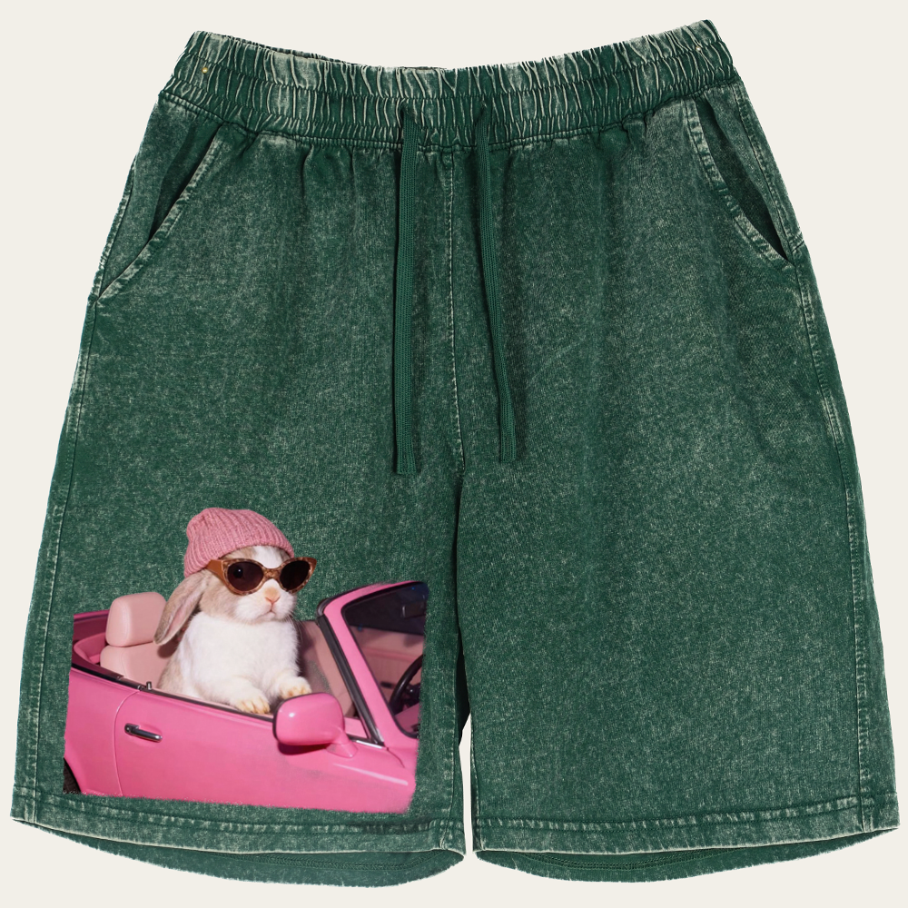 Pink Sports Car Cool Rabbit Retro Washed Shorts