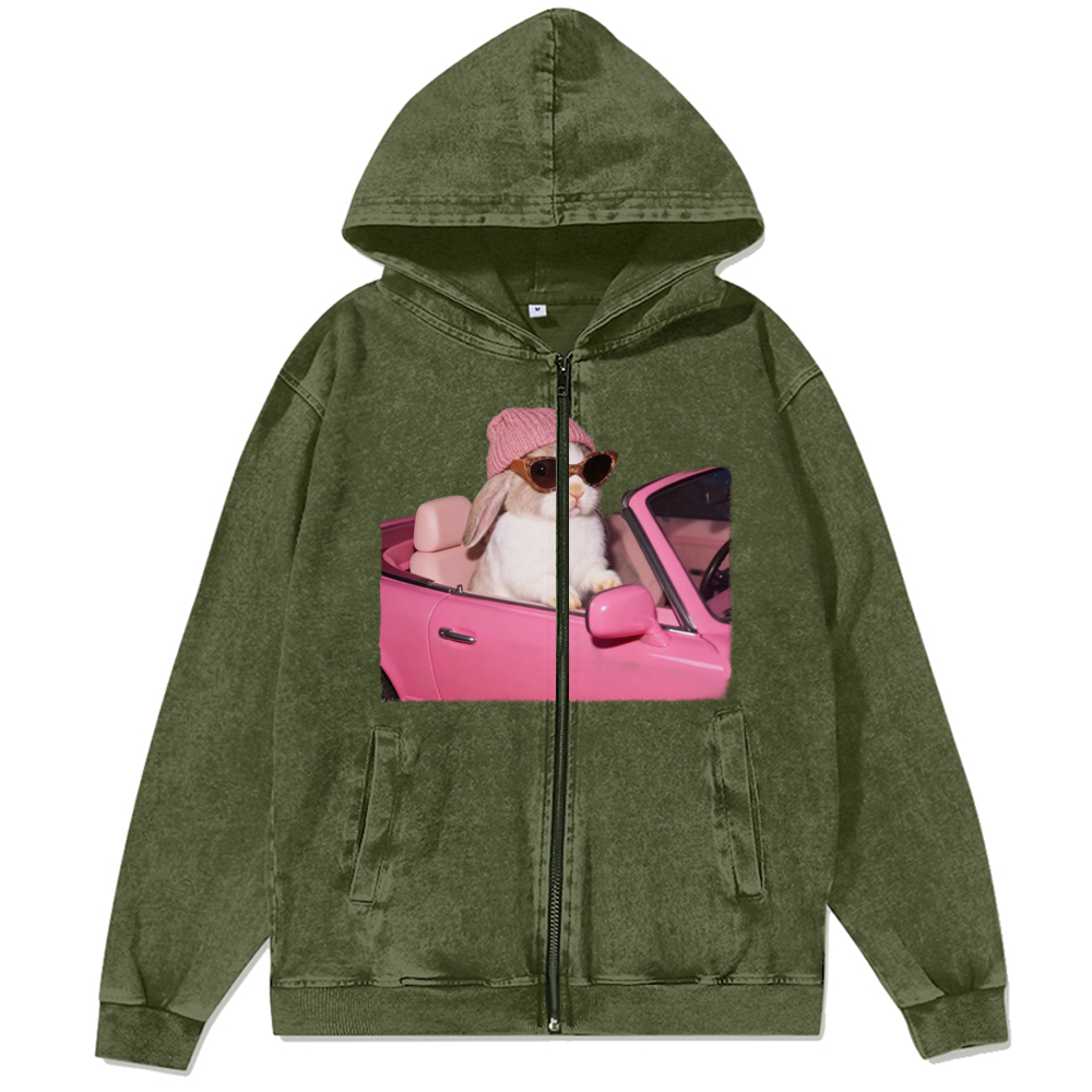 Pink Sports Car Cool Rabbit Retro Washed Zip-Up Hoodie