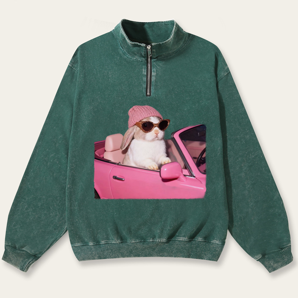 Pink Sports Car Cool Rabbit Retro Washed Zip-Up Mock Neck Sweatshirt
