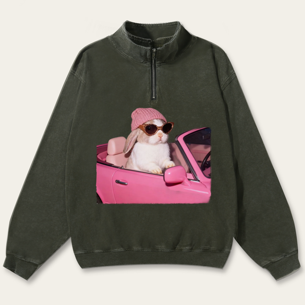Pink Sports Car Cool Rabbit Retro Washed Zip-Up Mock Neck Sweatshirt