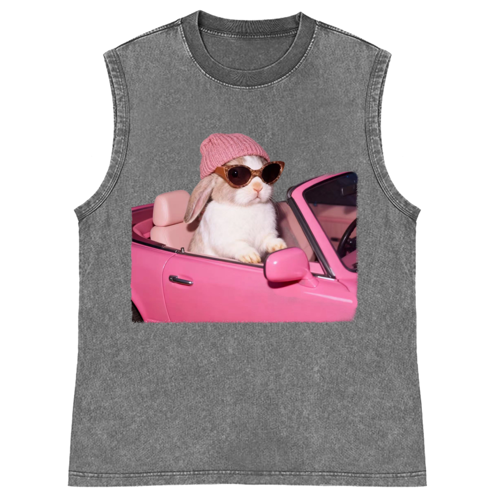 Pink Sports Car Cool Rabbit Retro Washed Tank Top