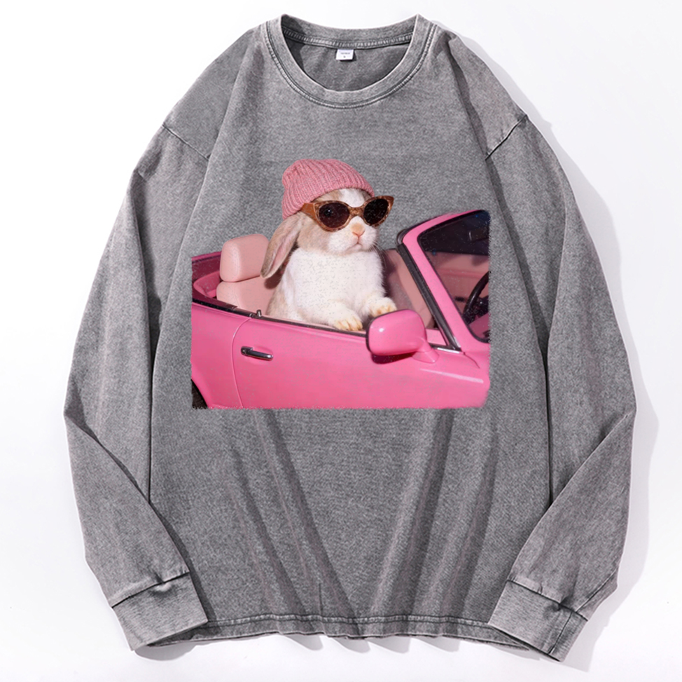 Pink Sports Car Cool Rabbit Retro Washed Long Sleeve T-Shirt