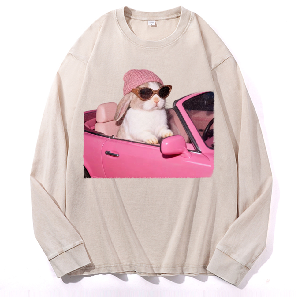 Pink Sports Car Cool Rabbit Retro Washed Long Sleeve T-Shirt