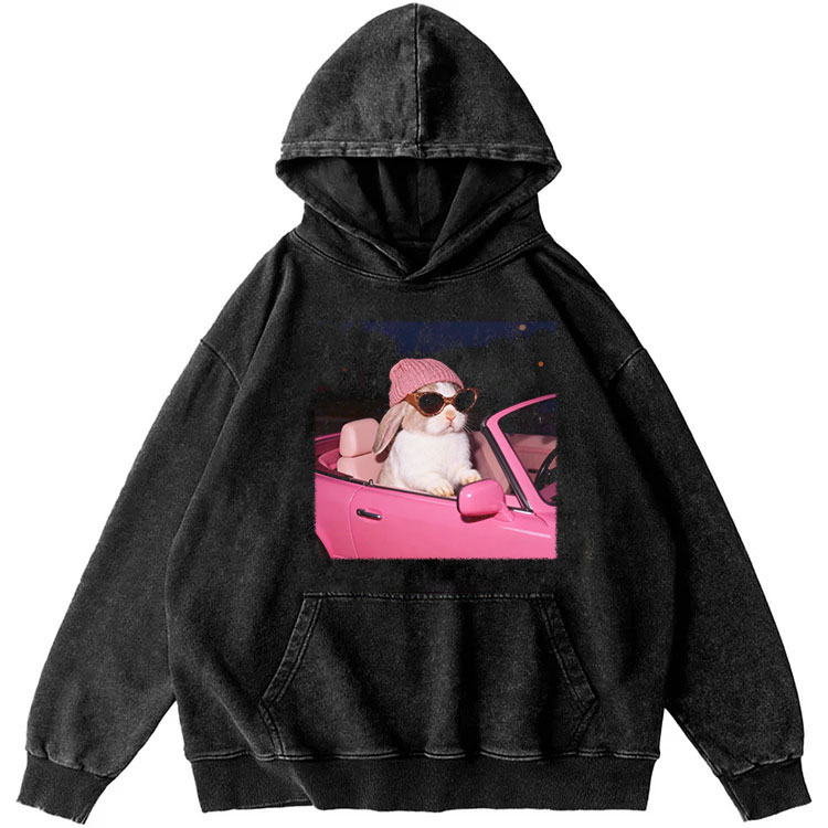 Pink Sports Car Cool Rabbit Retro Washed Hoodide | 100% Cotton | Streetwear Essential
