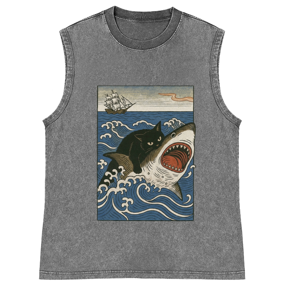 Ukiyo-e Cat Riding Shark Retro Washed Tank Top
