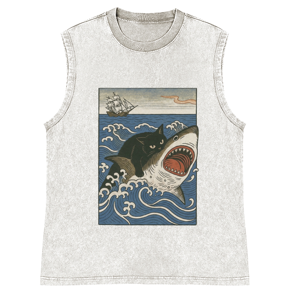 Ukiyo-e Cat Riding Shark Retro Washed Tank Top