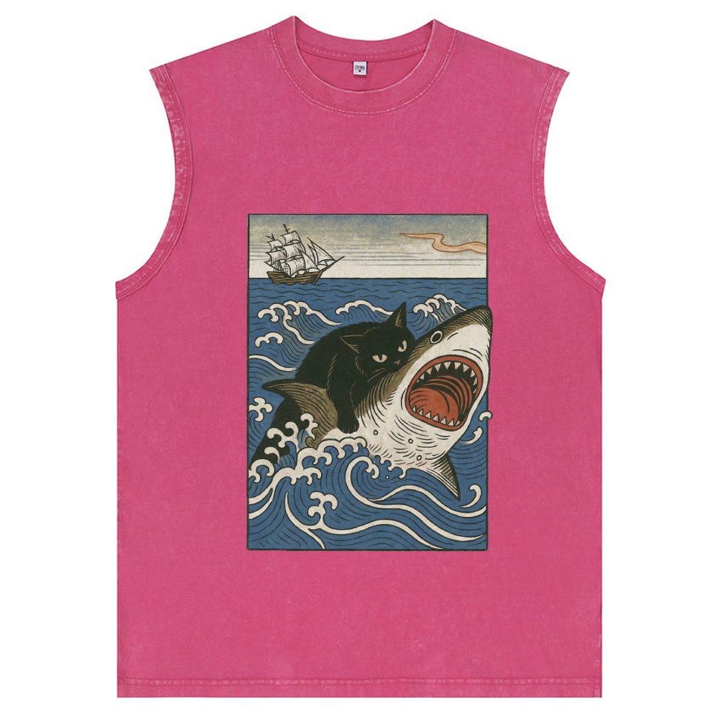 Ukiyo-e Cat Riding Shark Retro Washed Tank Top