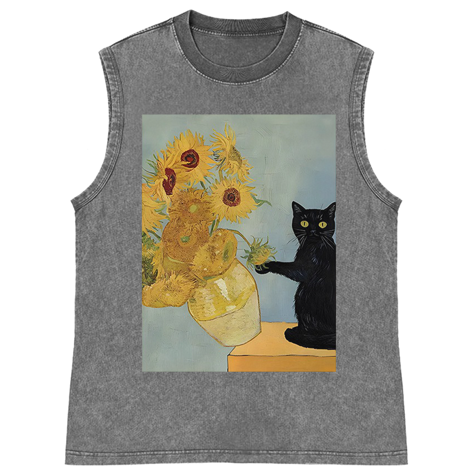 Van Gogh Sunflowers Black Cat Retro Washed Tank Top