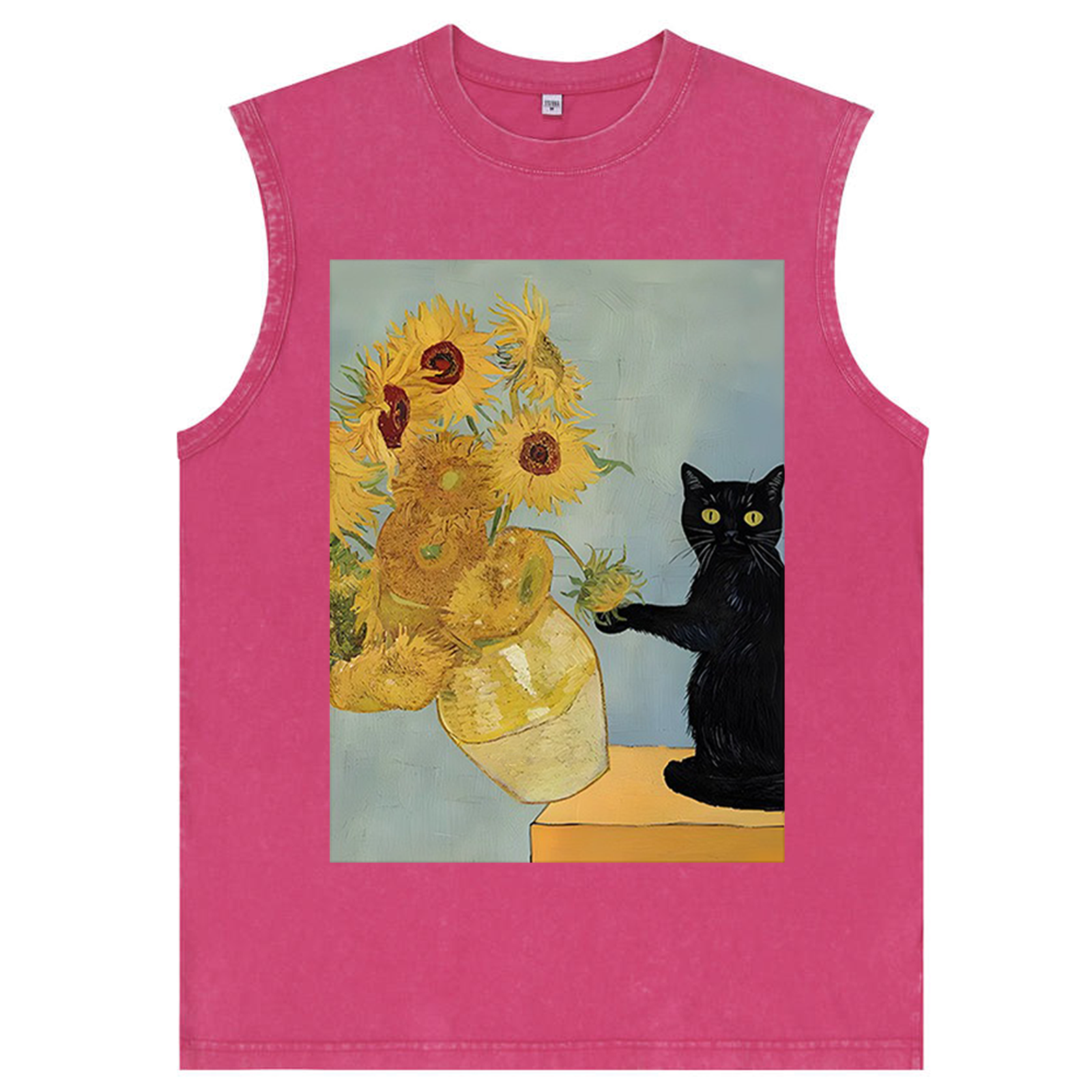 Van Gogh Sunflowers Black Cat Retro Washed Tank Top