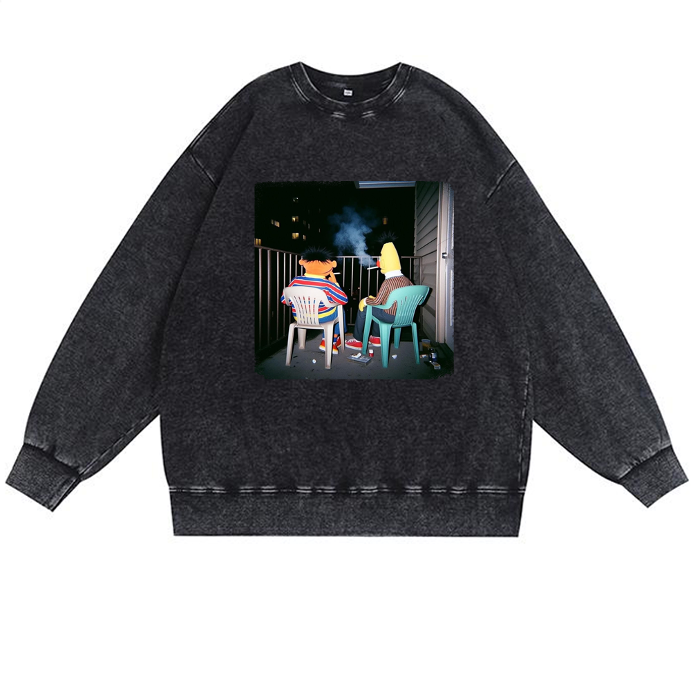 Balcony Night Bros Retro Premium Washed Cotton Crewneck Sweatshirt