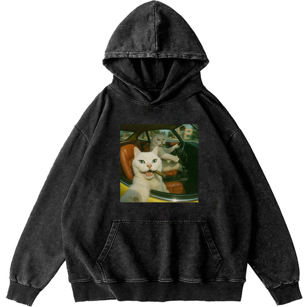 Cats With Cigars, Retro Vibes Washed Hoodie
