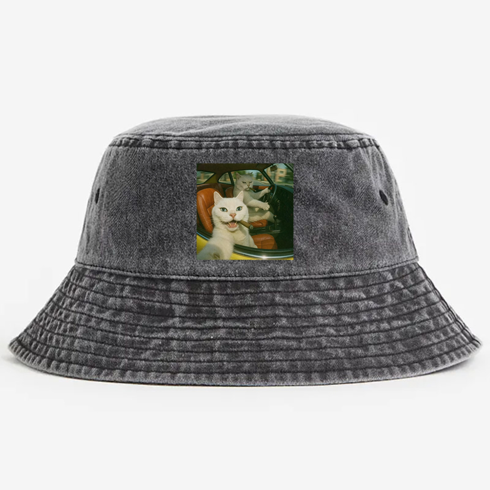 Cats With Cigars, Retro Vibes Vintage Washed Bucket Hat