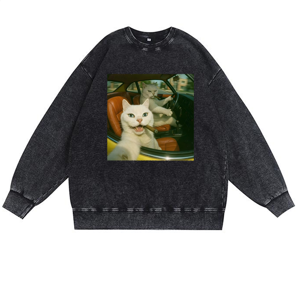 Cats With Cigars, Retro Vibes Premium Washed Cotton Crewneck Sweatshirt
