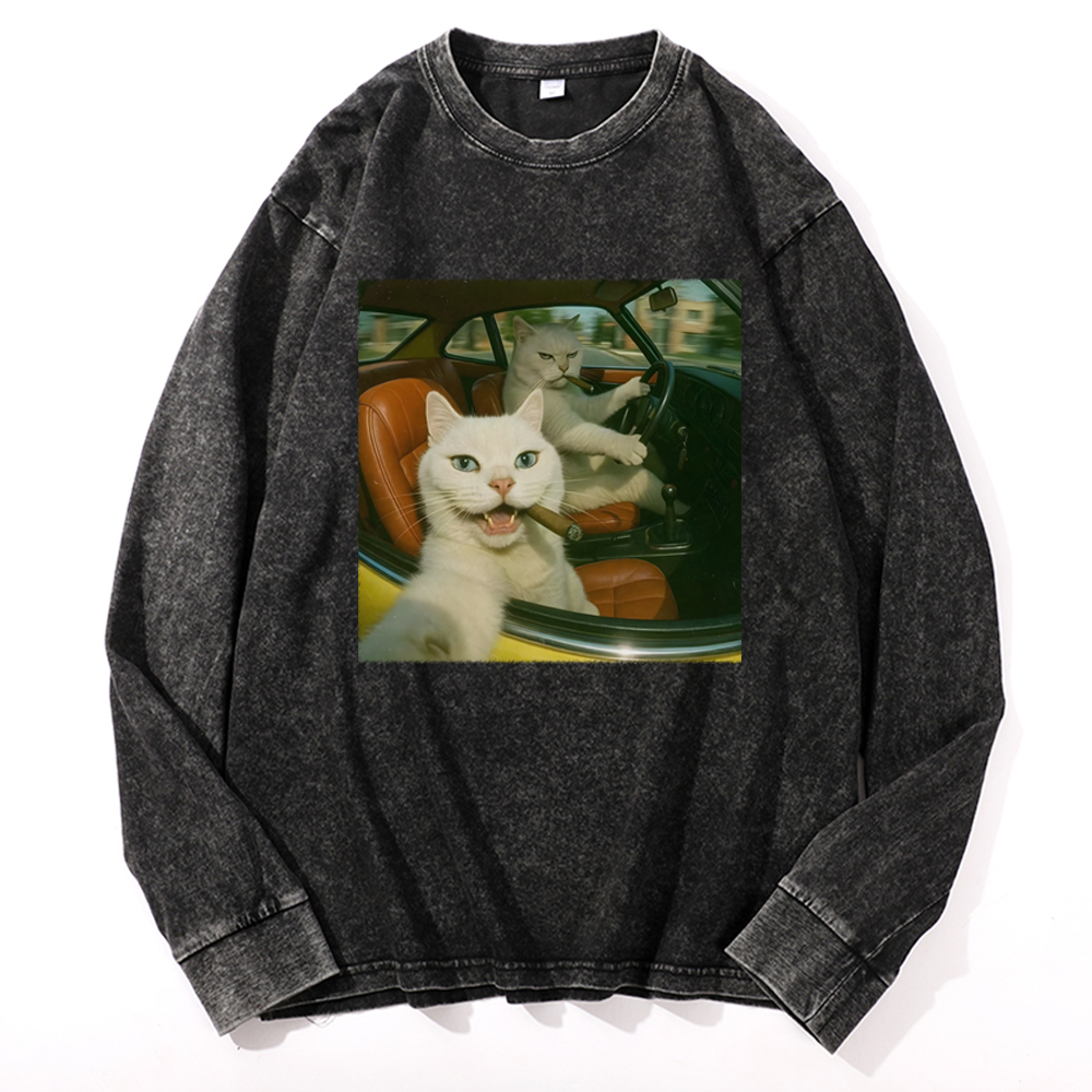 Cats With Cigars, Retro Vibes Washed Long Sleeve T-Shirt