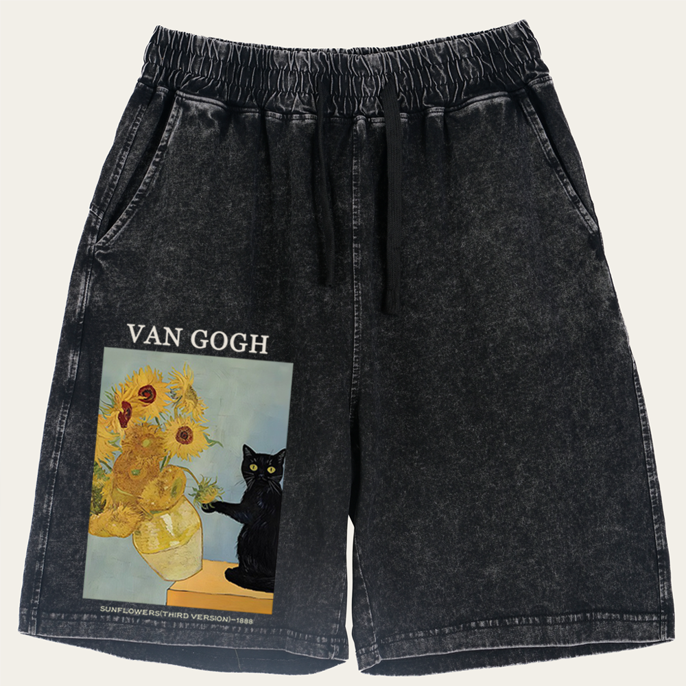Playful Cat Meets Van Gogh Sunflowers Retro Washed Shorts