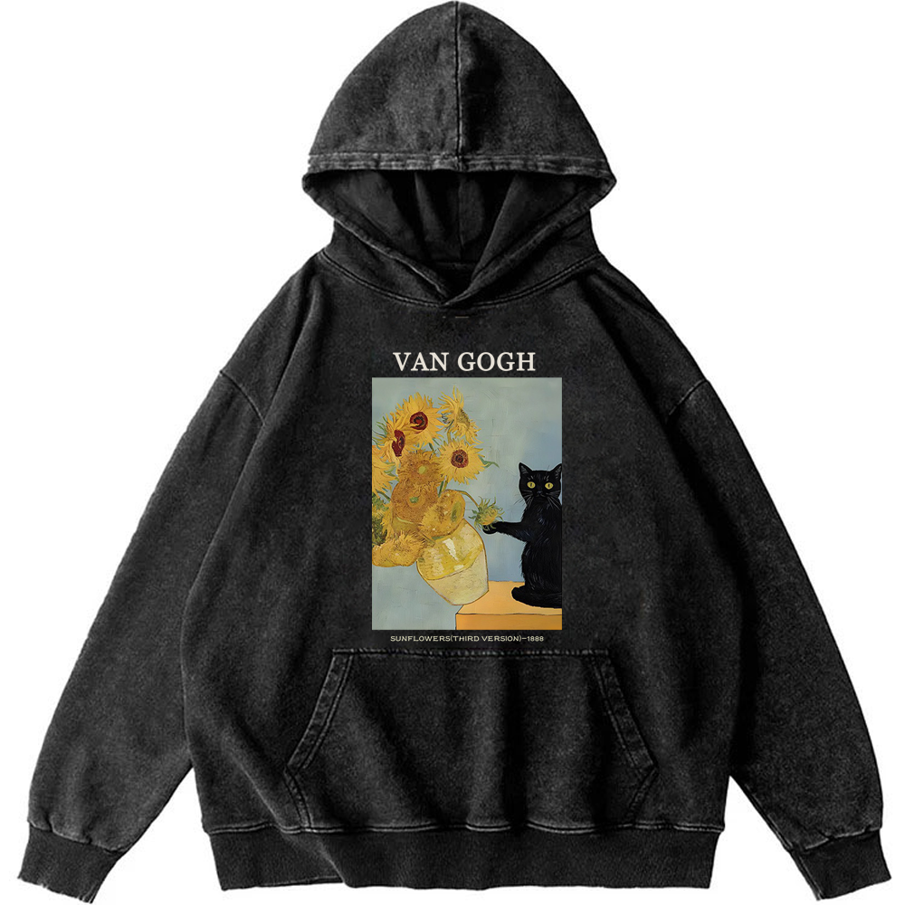 Playful Cat Meets Van Gogh Sunflowers Retro Washed Hoodide