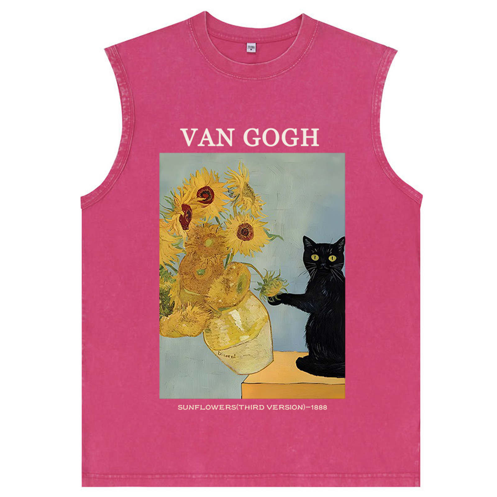 Playful Cat Meets Van Gogh Sunflowers Retro Washed Tank Top