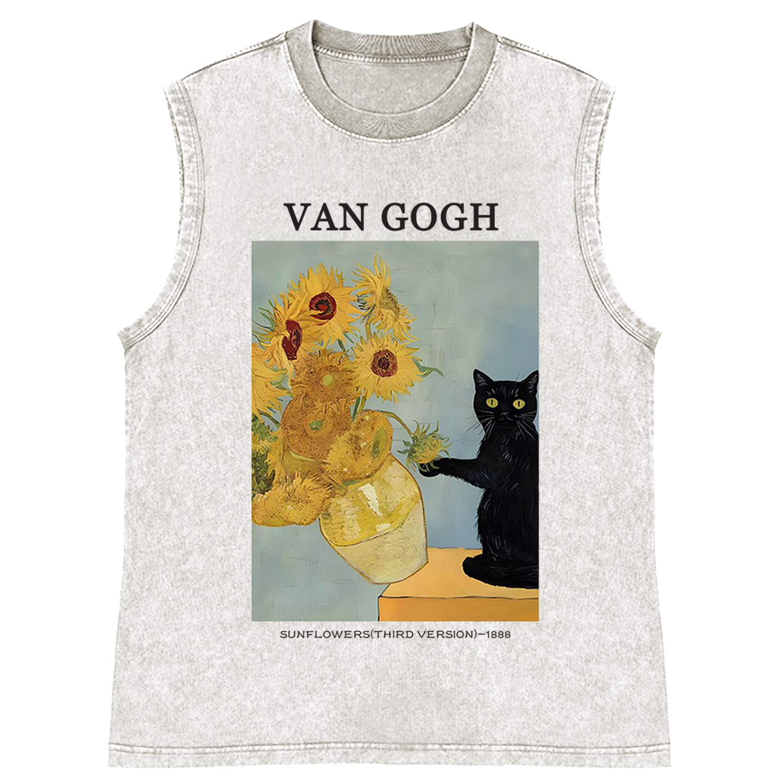 Playful Cat Meets Van Gogh Sunflowers Retro Washed Tank Top