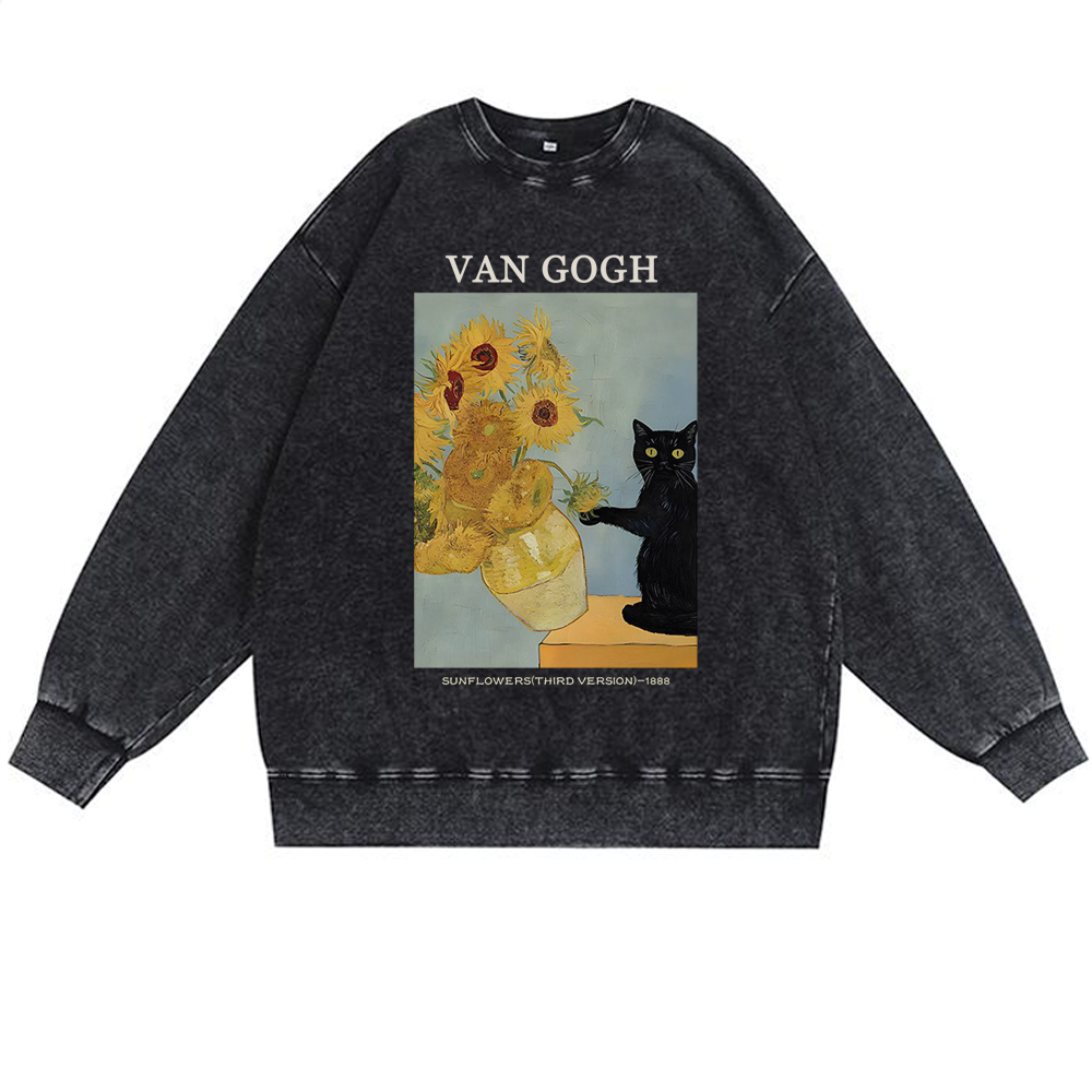 Playful Cat Meets Van Gogh Sunflowers Retro Premium Washed Cotton Crewneck Sweatshirt