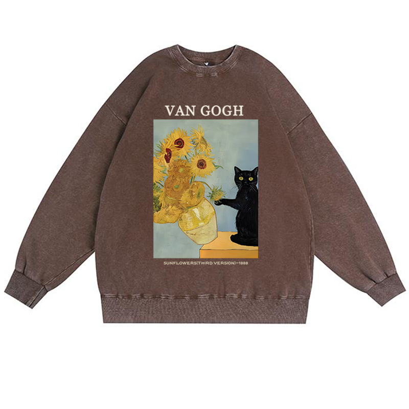 Playful Cat Meets Van Gogh Sunflowers Retro Premium Washed Cotton Crewneck Sweatshirt