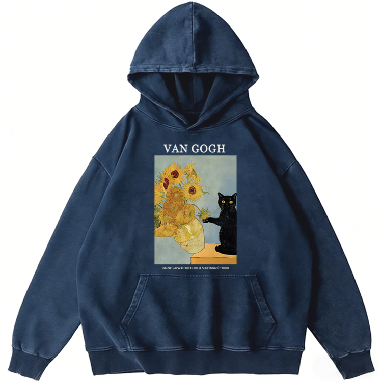 Playful Cat Meets Van Gogh Sunflowers Retro Washed Hoodide