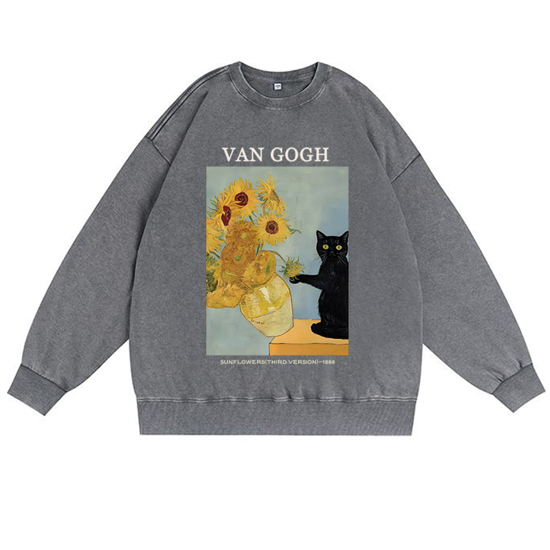Playful Cat Meets Van Gogh Sunflowers Retro Premium Washed Cotton Crewneck Sweatshirt