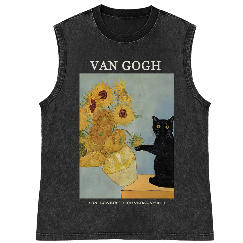 Playful Cat Meets Van Gogh Sunflowers Retro Washed Tank Top