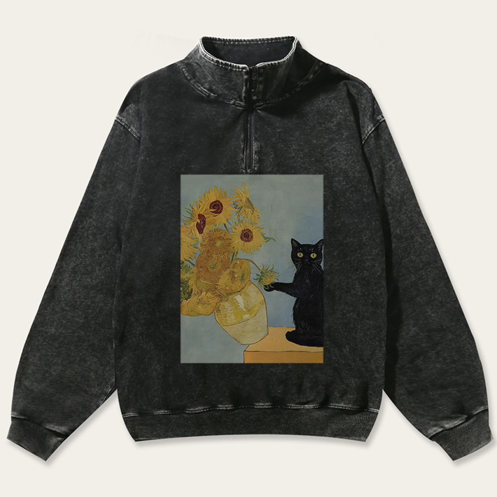 Playful Cat Meets Van Gogh Sunflowers Retro Washed Zip-Up Mock Neck Sweatshirt