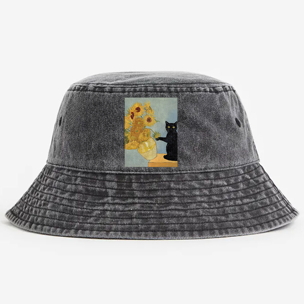Playful Cat Meets Van Gogh Sunflowers Retro Vintage Washed Bucket Hat