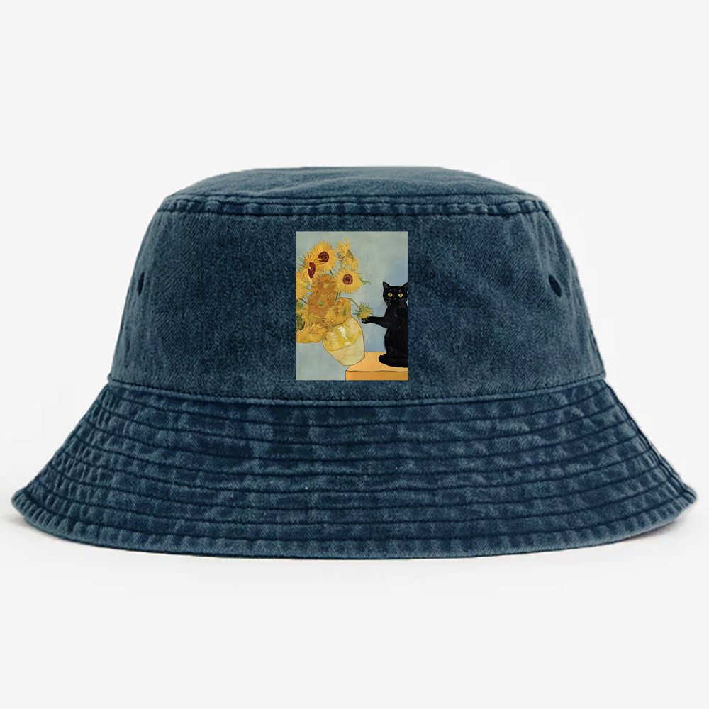 Playful Cat Meets Van Gogh Sunflowers Retro Vintage Washed Bucket Hat