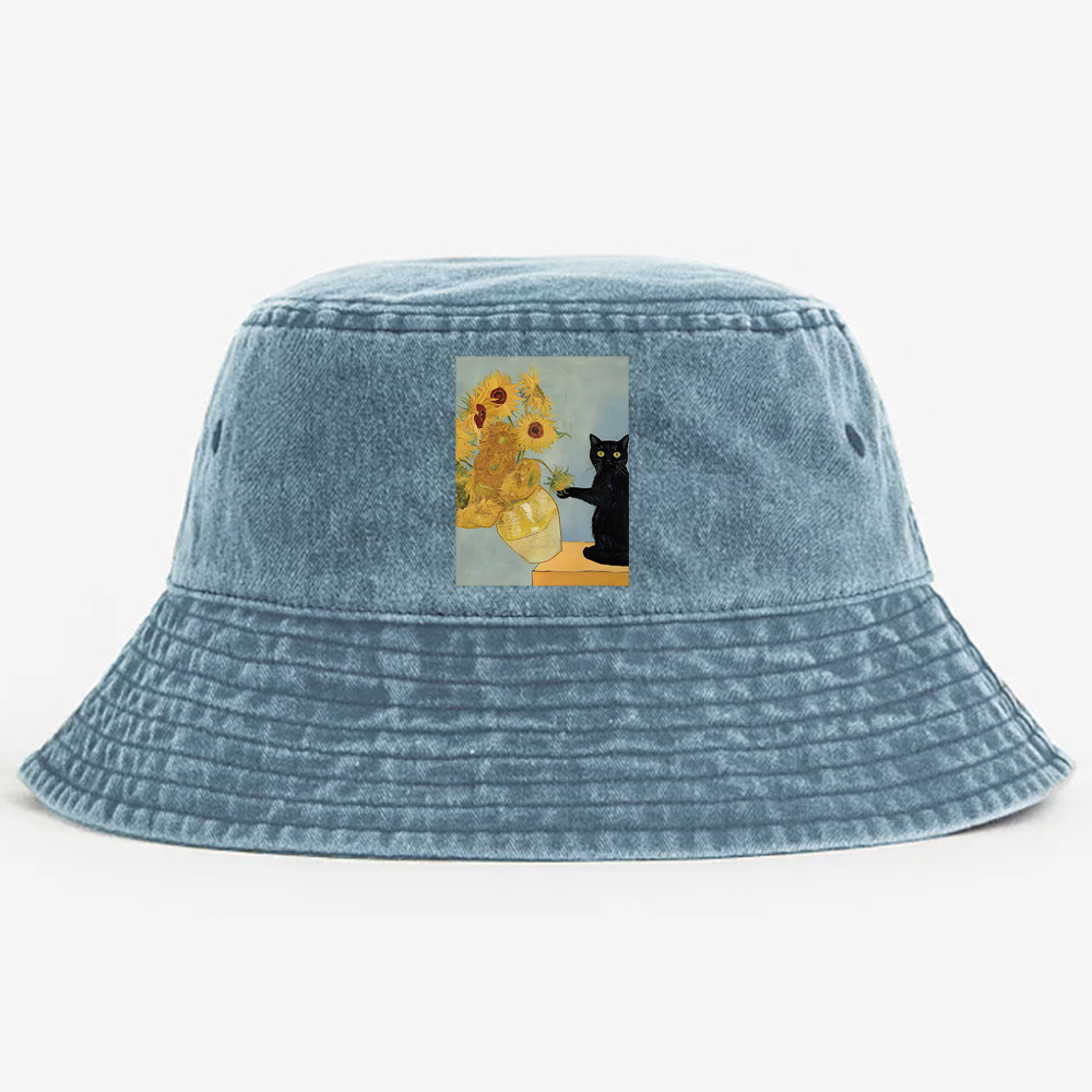 Playful Cat Meets Van Gogh Sunflowers Retro Vintage Washed Bucket Hat