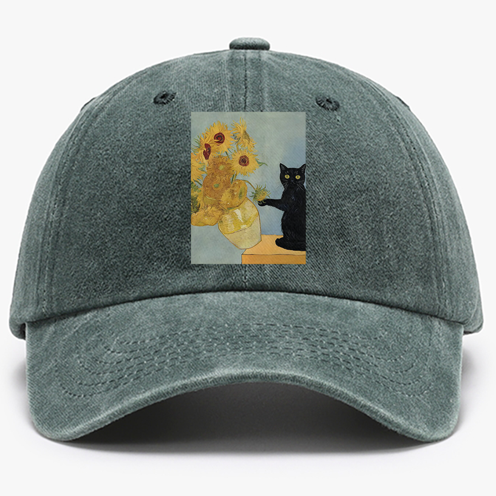 Playful Cat Meets Van Gogh Sunflowers Retro Washed Baseball Cap