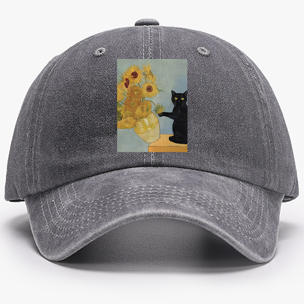 Playful Cat Meets Van Gogh Sunflowers Retro Washed Baseball Cap
