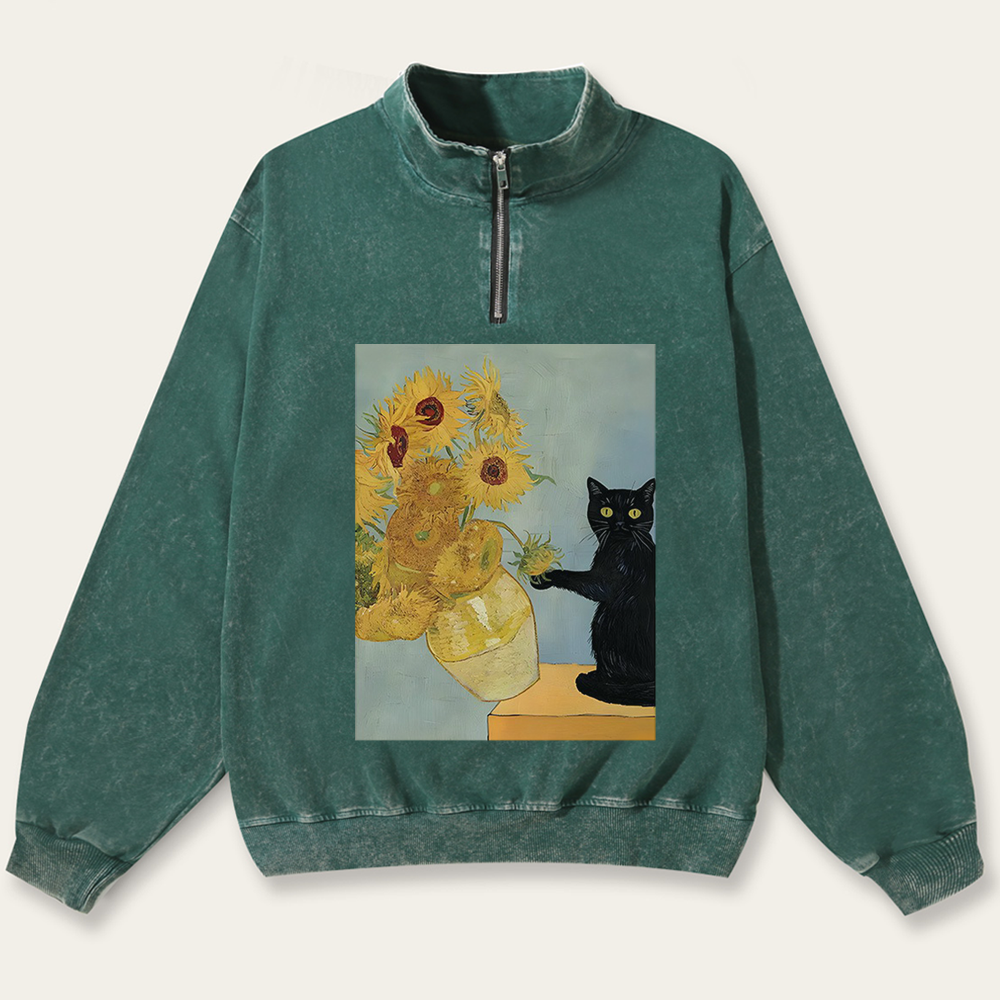 Playful Cat Meets Van Gogh Sunflowers Retro Washed Zip-Up Mock Neck Sweatshirt