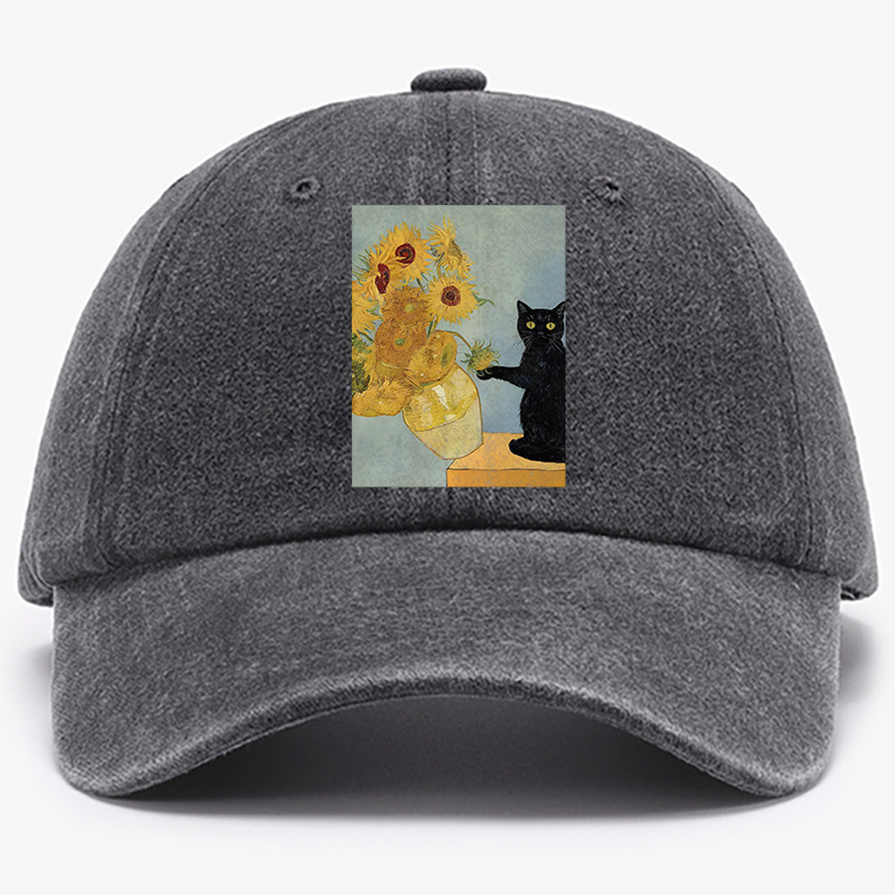 Playful Cat Meets Van Gogh Sunflowers Retro Washed Baseball Cap