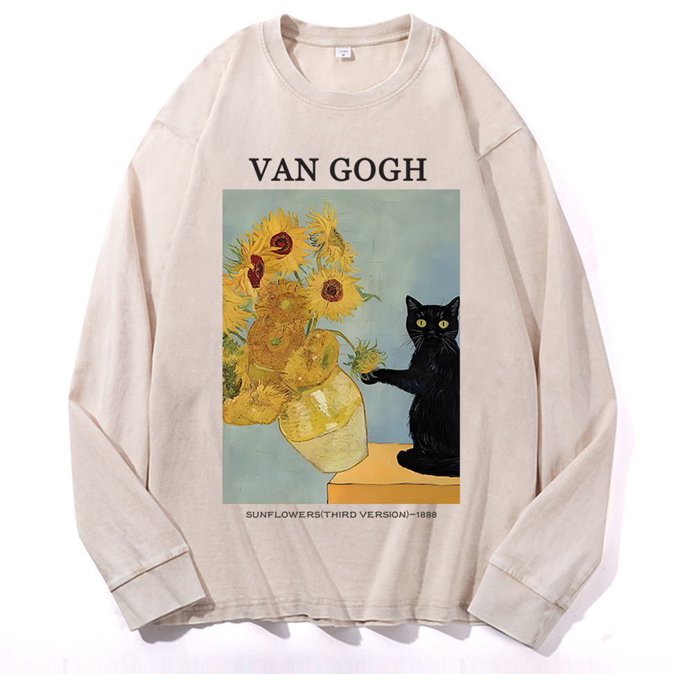 Playful Cat Meets Van Gogh Sunflowers Retro Washed Long Sleeve T-Shirt